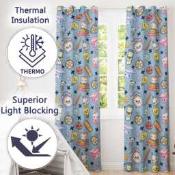 Cute Kawaii School Supplies Cat Books Clock Pencil Blue Seamless Pattern Readymade Eyelet Ring Top Thermal 100% Blackout Curtains - thumbnail 3
