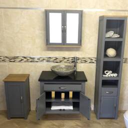 Bathroom Wall Hung Vanity Grey Painted Wash Stand Black Quartz Marble Stone Basin 502Gwbqsbc - thumbnail 3