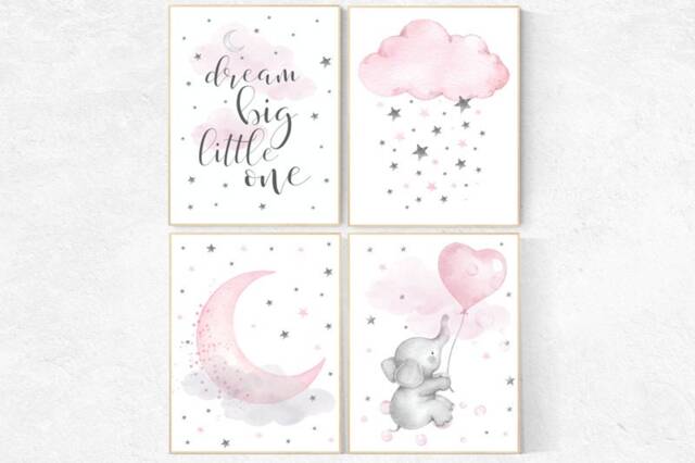 Elephant Nursery Decor Pink & Gray Cloud & Star Art Print - image 1