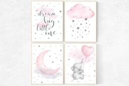 Elephant Nursery Decor Pink & Gray Cloud & Star Art Print - thumbnail 1