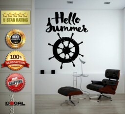 Hello Summer Words Yacht Boat Ship Steering Wheel Wall Decal Vinyl Sticker Mural Room Decor L1765 - thumbnail 1