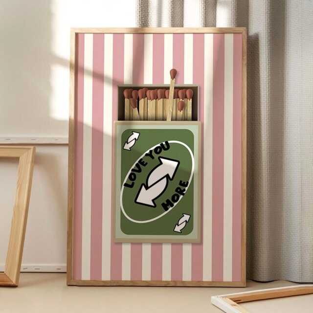 Love You More Playing Card Matchbox Stripe Art Poster, Trendy Wall Art, Apartment Aesthetic Decor, Retro Home Print, Printed Gift - image 1