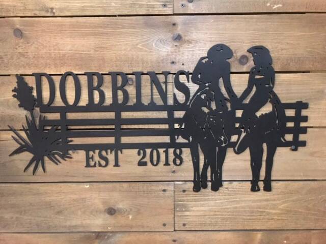 Cowboy Couple Metal Sign- Horse Wedding - Cowgirl Rodeo Custom House Sign Outdoor Wall Art On Horseback - image 1