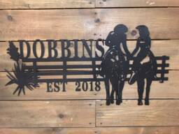 Cowboy Couple Metal Sign- Horse Wedding - Cowgirl Rodeo Custom House Sign Outdoor Wall Art On Horseback - thumbnail 1