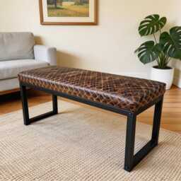 Upholstered Bench in Diamond Stitched Leather With Matte Black Steel Frame - Fpb - thumbnail 2