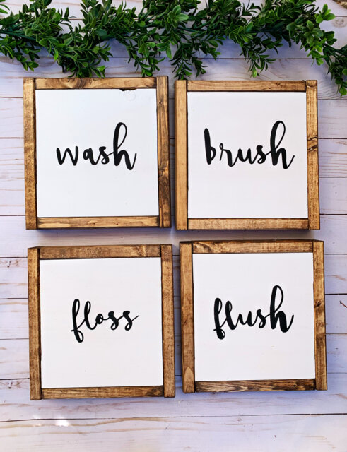 Wash Brush Floss Flush Bathroom Wooden Wall Decor, Wood Rustic Home Farmhouse Style, Fixer Upper Humor - image 1