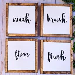 Wash Brush Floss Flush Bathroom Wooden Wall Decor, Wood Rustic Home Farmhouse Style, Fixer Upper Humor - thumbnail 2