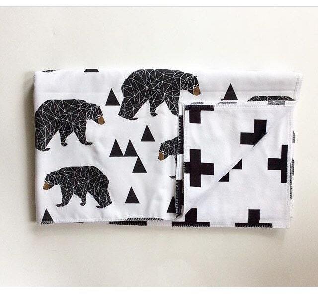2 in 1 Reversible Blanket, Black & White Baby Plus Signs Aztec Print, Modern Nursery Bedding, Gift, Car Seat Cover