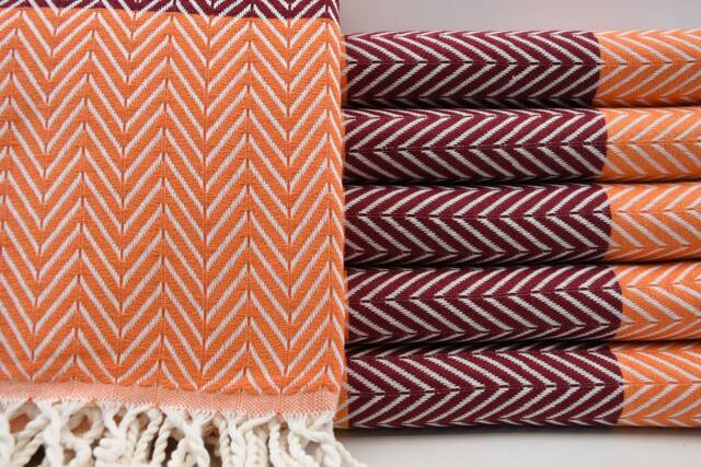 "Orange & Burgundy Towel, Turkish Peshtemal, Handmade Towel, 40""x63" - image 1