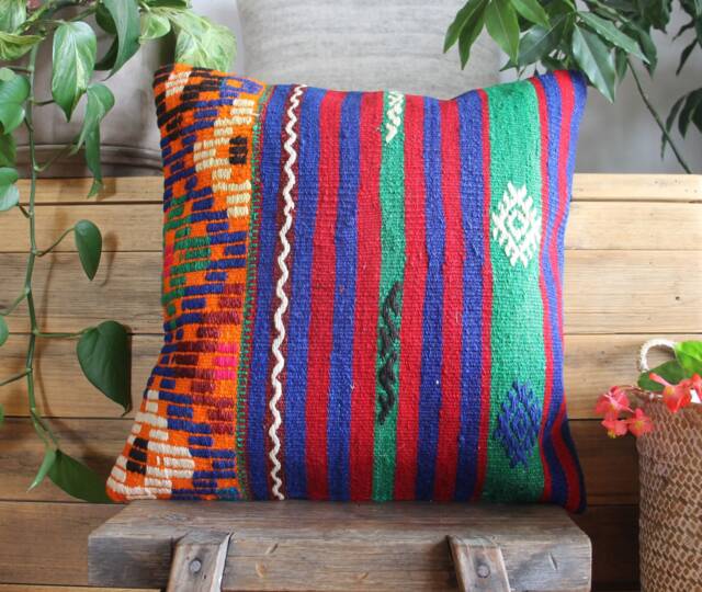 45cm Vintage Kilim Pillow Cover Handwoven - Striped Multi Coloured - image 1