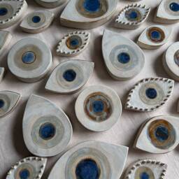 Handmade Ceramic Evil Eye Wall Hanging Protective Blue Gold Wall Art - thumbnail 4