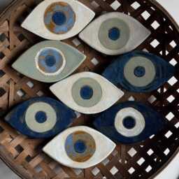 Handmade Ceramic Evil Eye Wall Hanging Protective Blue Gold Wall Art - thumbnail 2