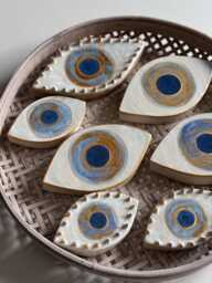 Handmade Ceramic Evil Eye Wall Hanging Protective Blue Gold Wall Art - thumbnail 1