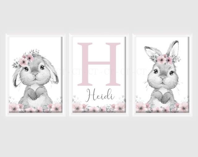 Bunny Rabbit Baby Girls A4 Or A3 Nursery Set Of Unframed Prints Pink Grey Flowers