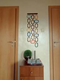 Mid Century Modern Wood Wall Hanging Retro Mobile, Walnut & Colorful Accents - thumbnail 2