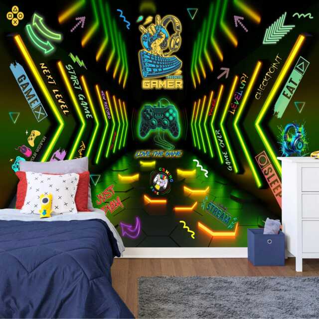 Gaming Room Game Playing Kids Decor Gift, Art Print Photomural Wallpaper Mural Easy-Install Removeable Peel & Stick Large Wall Decal