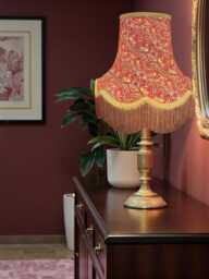 Handmade William Morris Crimson Strawberry Thief Fabric Lampshade Antique Gold Braid & Fringe, British Made - thumbnail 1