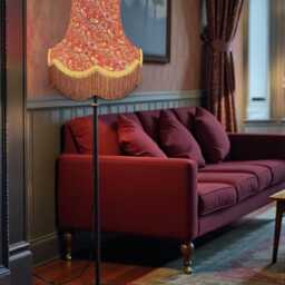 Handmade William Morris Crimson Strawberry Thief Fabric Lampshade Antique Gold Braid & Fringe, British Made - thumbnail 2