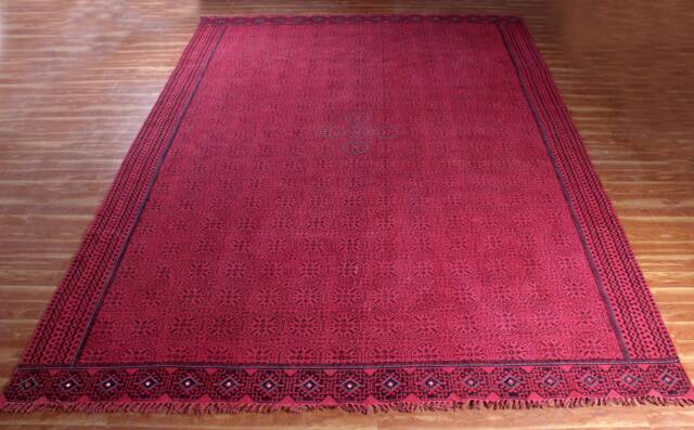 Handwoven Red Block Printed Cotton Rug - Extra Large Boho - image 1