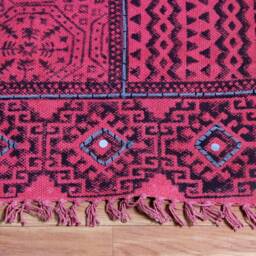 Handwoven Red Block Printed Cotton Rug - Extra Large Boho - thumbnail 3