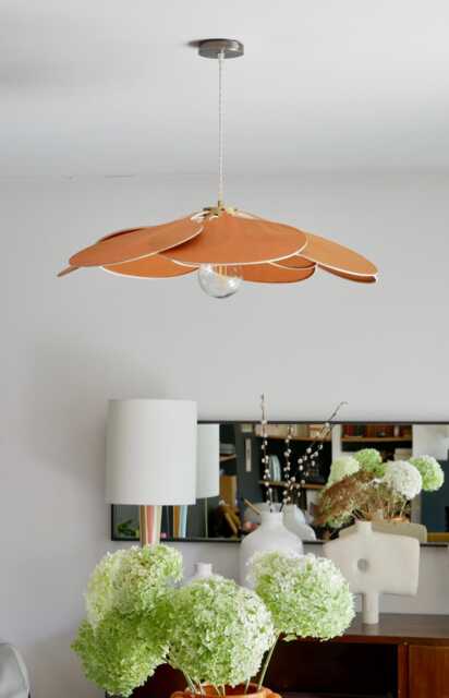 Flower Pendant Light in Linen, Rattan & Wood - Handmade Floral Ceiling Lamp Japandi Wabi Sabi Lighting Organic Modern Decor - image 1