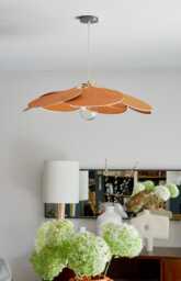 Flower Pendant Light in Linen, Rattan & Wood - Handmade Floral Ceiling Lamp Japandi Wabi Sabi Lighting Organic Modern Decor