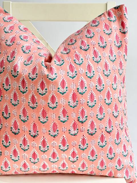 Block Print Pillow Peach Floral Hmong Hemp, Boho Farmhouse Decor - image 1