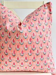 Block Print Pillow Peach Floral Hmong Hemp, Boho Farmhouse Decor - thumbnail 1