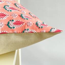 Block Print Pillow Peach Floral Hmong Hemp, Boho Farmhouse Decor - thumbnail 2