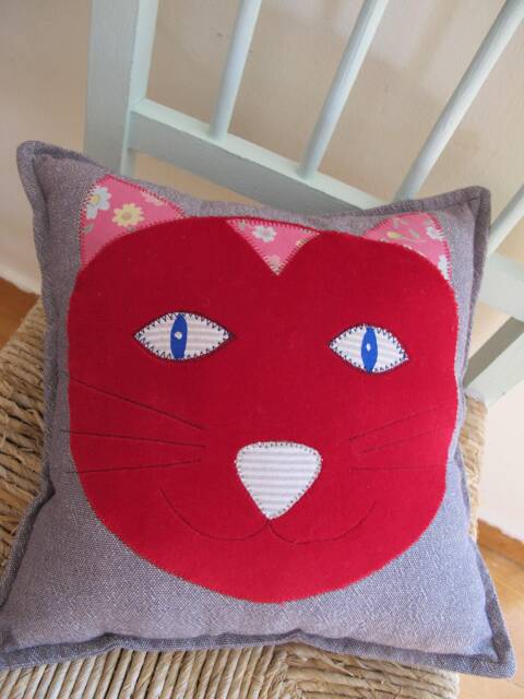 Appliqu?? Red Cat Cushion, Handmade, Recycled, New & Vintage Fabrics - image 1