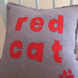 Appliqu?? Red Cat Cushion, Handmade, Recycled, New & Vintage Fabrics - thumbnail 2