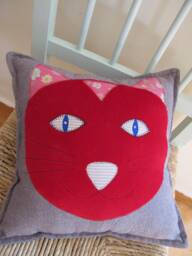 Appliqu?? Red Cat Cushion, Handmade, Recycled, New & Vintage Fabrics - thumbnail 1