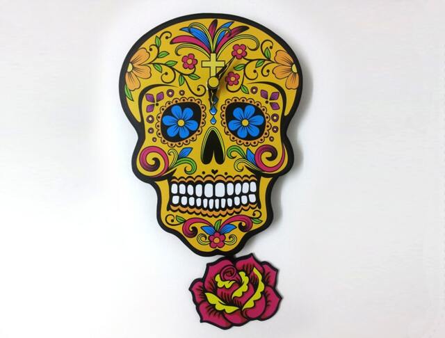 Yellow Sugar Skull - Day Of The Dead -Dia De Los Muertos Calavera Pendulum Wall Clock - image 1