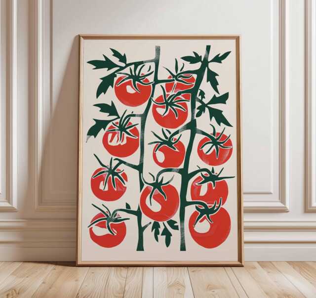 Tomato Plant Wall Art, Modern Kitchen Poster With Red Tomatoes, Rustic Vegetable Print, Mid Century Inspired Food Illustration Decor - image 1