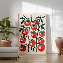 Tomato Plant Wall Art, Modern Kitchen Poster With Red Tomatoes, Rustic Vegetable Print, Mid Century Inspired Food Illustration Decor - thumbnail 3