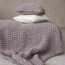 Hand Knitted Chunky Pillow & Blanket Set, Ultra Soft Plush Plaid Cusion - thumbnail 2