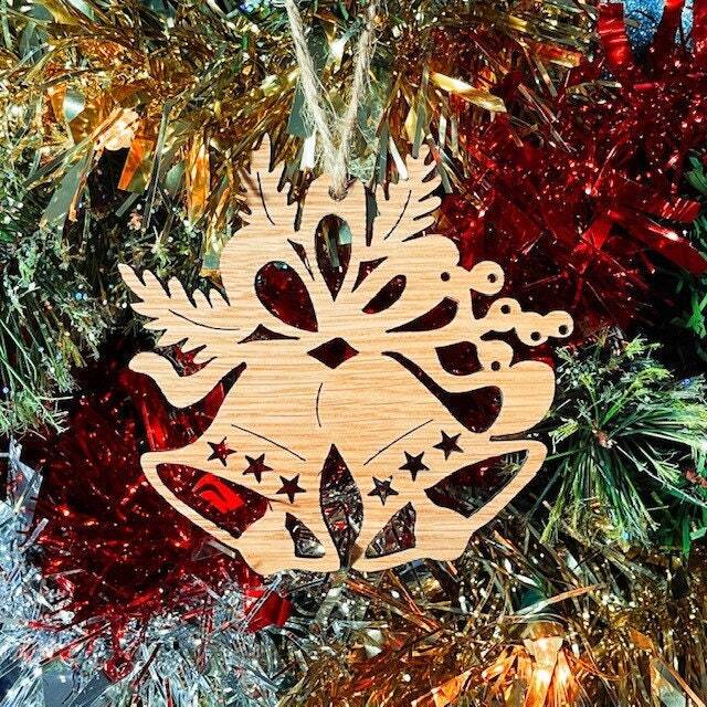 Wooden Christmas Bells Tree Decoration - Beautiful Xmas Ornament Available in Oak, Walnut Cherry Wood -Or- Silver, Gold, Red, Green Glitter - image 1