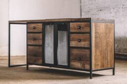 Industrial Oak Sideboard, Metal Mesh Cabinet, Modern Wood Storage Unit For Kitchen Or Entryway