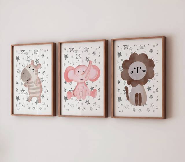 Safari Animals Nursery Print Set Pastel Lion, Zebra, Elephant - image 1