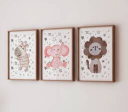Safari Animals Nursery Print Set Pastel Lion, Zebra, Elephant - thumbnail 1