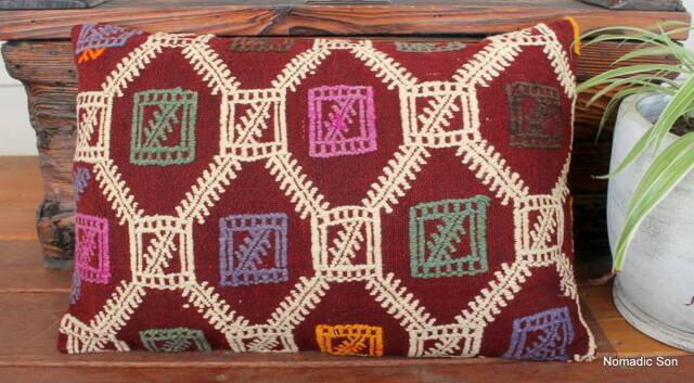 4060cm - 1624In Rectangle Vintage Handwoven Kilim Cushion Cover Half Brocade On Wine Red With Cream Aqua & Purple - image 1