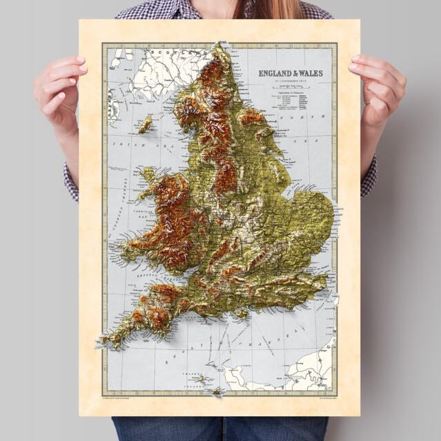 England & Wales Map - Elevation 1871 2D Gicl??e Vintage Poster 3D Effect Shaded Relief Print - image 1