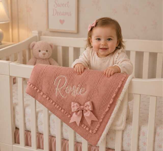 Personalised Baby Blanket, Embroidered, Cable Knit With Bow & Sherpa , Personalized Baby Gift, Rose Gold - image 1
