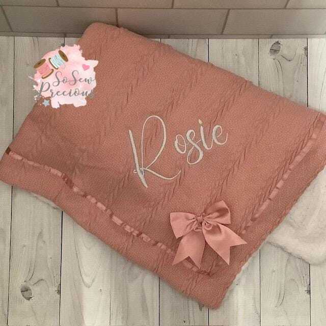 Personalised Baby Blanket, Embroidered, Cable Knit With Bow & Sherpa , Personalized Baby Gift, Rose Gold - image 1