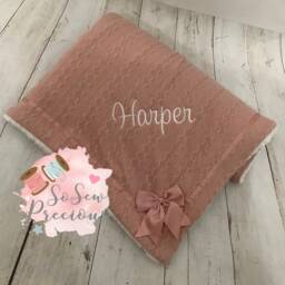 Personalised Baby Blanket, Embroidered, Cable Knit With Bow & Sherpa , Personalized Baby Gift, Rose Gold - thumbnail 2