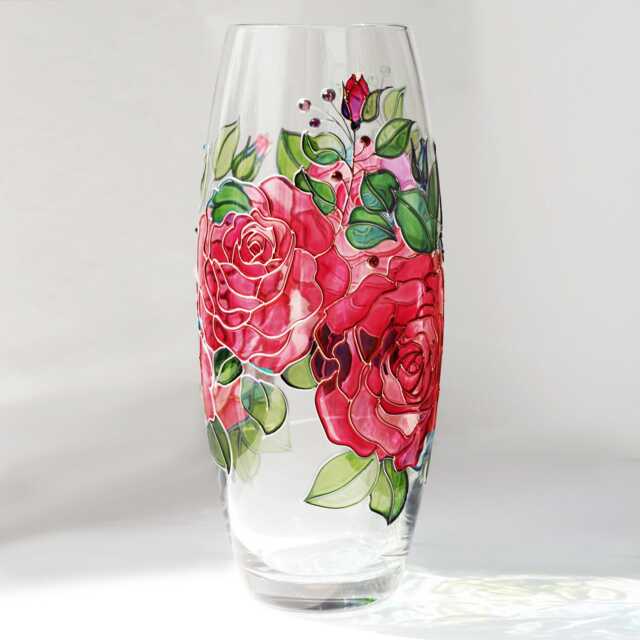 Rose Vase Handpainted Personalized Stained Glass Vase, Red Roses, Custom Home Decor, Mother Day Gift - image 1