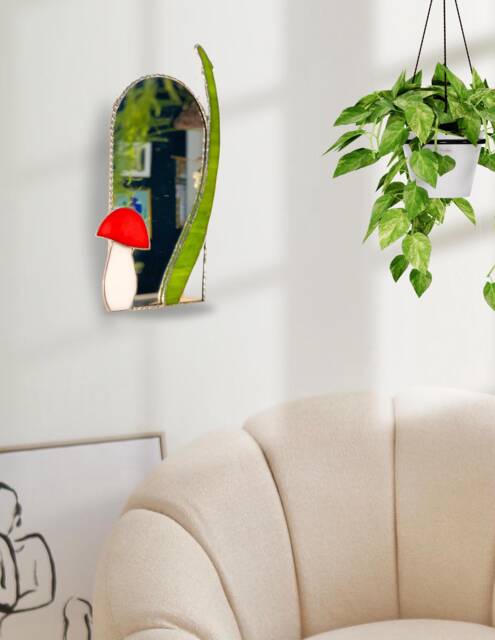stained Glass Mushroom Mirror Whimsical Fantasy Wall Decor - image 1
