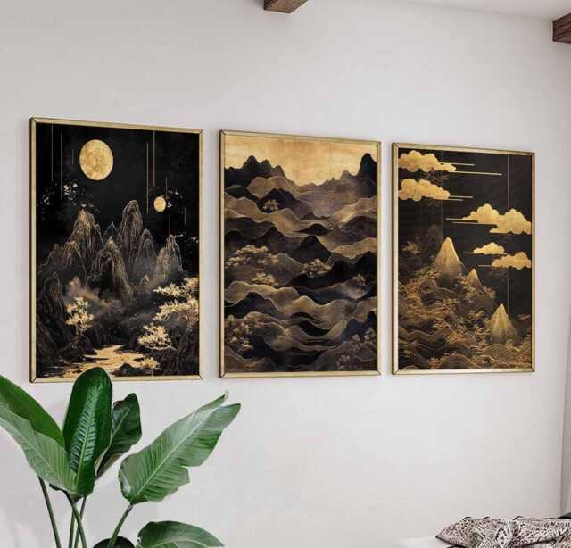 Chinese Gold & Black Mountain Landscape Poster Set, Traditional Art, Moon & Cloud Prints, Elegant Nature Decor, Golden Wall Art - image 1