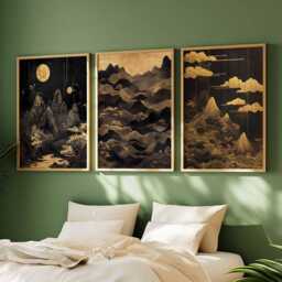 Chinese Gold & Black Mountain Landscape Poster Set, Traditional Art, Moon & Cloud Prints, Elegant Nature Decor, Golden Wall Art - thumbnail 3