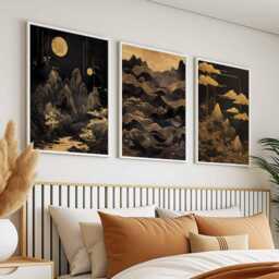 Chinese Gold & Black Mountain Landscape Poster Set, Traditional Art, Moon & Cloud Prints, Elegant Nature Decor, Golden Wall Art - thumbnail 2